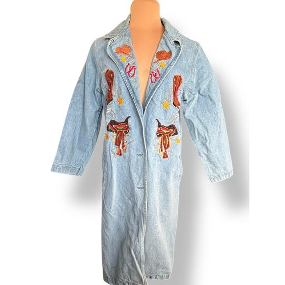 Vintage 90s Blue Embroidered Western Denim Duster Jean Jacket Studded Medium - Picture 1 of 12